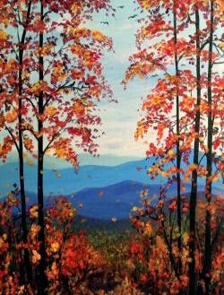 Fall Fall Mountain Painting Acrylic, Scenic Acrylic Paintings, Fall Scene Painting Easy, Autumn Painting Acrylic, Painting Ideas Landscape, Paintings Diy, Acrylic Inspiration, Fall Paintings, Fall Tree Painting