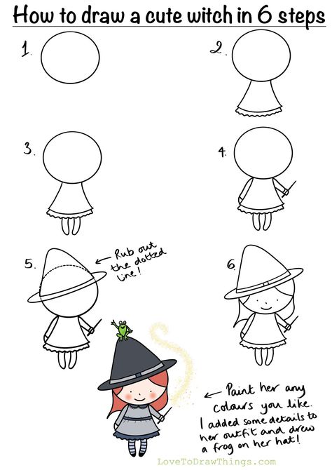 Draw A Witch, Trin For Trin Tegning, Doodle Art For Beginners, Easy Step By Step Drawing, How To Draw Cute, Witch Drawing, Drawing Lessons For Kids, Cute Witch, Draw Cute