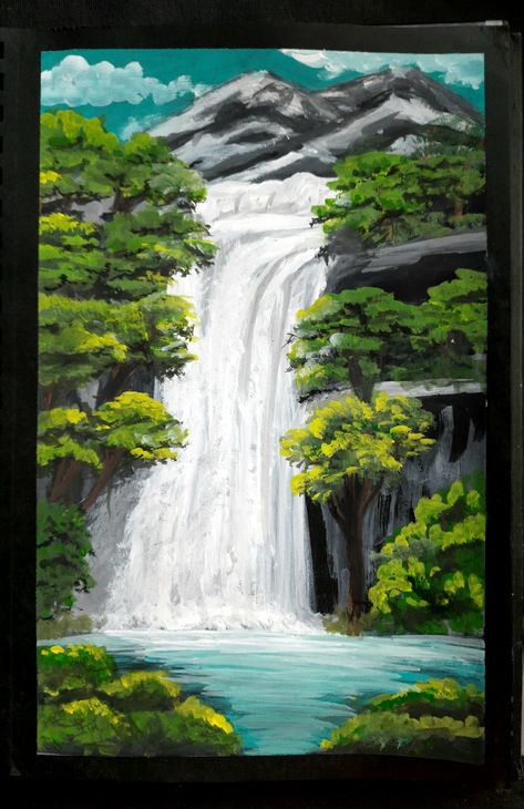 Nature scene painting on gouache paint Water Fall Painting Easy, Waterfall Gouache, Water Falls Painting, Nature Gouache, Waterfall Drawing, Sunrise Drawing, Waterfall Scenery, Star Wars Wall Art, Gouache Color