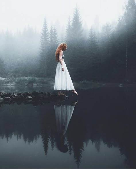 Moody Ethereal Aesthetic, Fall Waterfall Photoshoot, Mysterious Portrait Photography, Frozen Lake Photoshoot, Nature Dark Photography, Medieval Photoshoot Ideas, Spooky Portrait Photography, Foggy Beach Photoshoot, Water Poses Photography