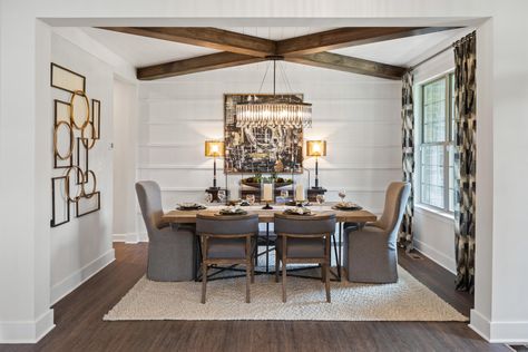 Formal dining room with wooden beam ceiling, shiplap and chandelier Custom Home Floor Plans, Beam Ceiling, Dining Room Ceiling, Home Floor Plans, Fredericksburg Va, Construction Home, Elegant Dining Room, Tray Ceiling, Rustic Chandelier