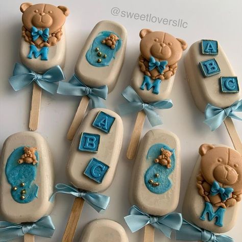 Teddy Bear Cakesicles, Bear Cakesicles, Baby Shower Cakesicles, Teddy Bear Treats, Showers Ideas, Pop Cakes, Teddy Bear Cookies, Baby Teddy Bear, Baby Shower Treats