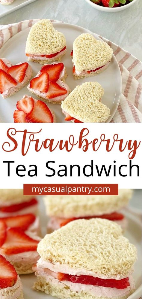 Strawberry Tea Sandwiches Recipe, Yea Party Brunch, Strawberry Cream Cheese Tea Sandwiches, Princess Tea Party Snacks, Strawberry Tea Party Ideas, Sweet Tea Sandwiches, Tea Party Sandwiches For Kids, Fairy Tea Party Food Ideas, Strawberry And Cream Sandwiches