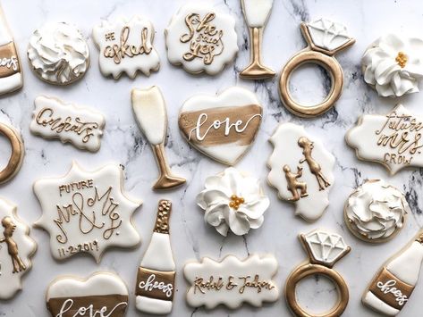 Bride Cookies, Wedding Shower Cookies, Engagement Cookies, Wedding Cake Cookies, Custom Desserts, Bridal Shower Cookies, Edible Wedding Favors, Gold Bridal Showers, Wedding Gift Boxes