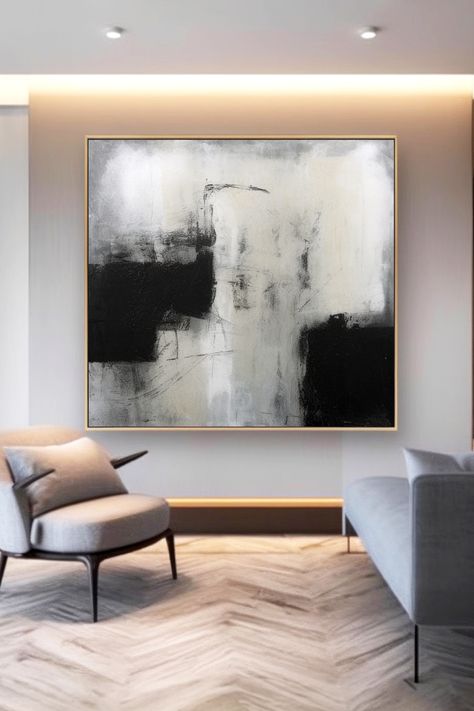 Original handmade black and white abstract painting with bold brushstrokes and contrasting elements on textured canvas Black And White Abstract Painting, White Abstract Painting, Surreal Scenes, Handmade Artwork, Black And White Abstract, Minimalist Interior, Modern Wall Art, Brush Strokes, Modern Minimalist