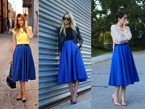 Electric blue skirt combos Floral Skirts Outfits, Long Grey Skirt, Blue Skirt Outfits, Outfits Faldas, Royal Blue Skirts, Blue Midi Skirt, Clueless Outfits, Floral Midi Skirt, Skirt Outfit