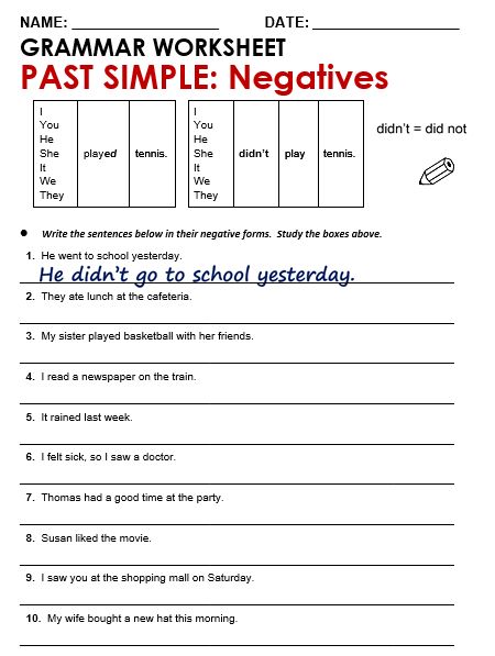 Negative Sentences Worksheets, Simple Past Tense Worksheet, Negative Sentences, Past Tense Worksheet, English Grammar Exercises, Simple Past, Simple Present Tense, Simple Past Tense, Past Simple