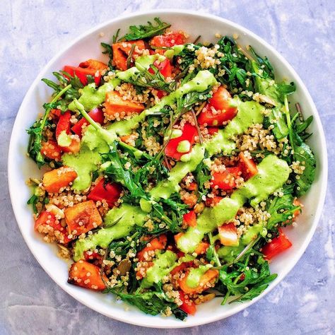 Green Goddess Quinoa Bowl from the Forks Over Knives Meal Planner Green Goddess Bowl, Vegan Quinoa Bowl, Goddess Bowl, Full Length Jeans, Forks Over Knives, Wfpb Recipes, Plant Based Whole Foods, Quinoa Bowl, Green Goddess