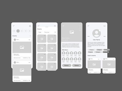 Some mobile wireframes with basic image placeholders. Low Fidelity Wireframes, Ux Wireframe, Event App, Wireframe Design, Ios App Design, Mobile App Ui, Party Apps, Wireframe, Ios Apps