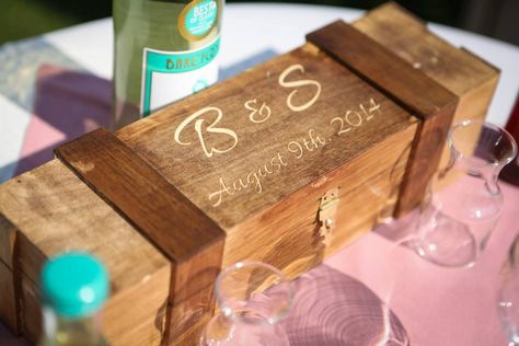 Wine bottle box engraved for a couple's wedding ceremony. They put in hand written wishes inside the box and will drink the wine & read their letters to each other on their first anniversary. Wine Bottle Box, Bottle Box, First Anniversary, Wine Box, Inside The Box, Hand Written, Mystery Box, Wedding Couples, Gift Item