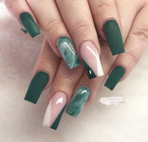 Dark Green And White Nails Designs, Sage Green Nails Glitter, Mat Black Nails, Md Nails, Marble Acrylic Nails, Emerald Nails, White Coffin Nails, Mauve Nails, Green Acrylic Nails