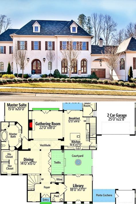 A view of the European home's lovely exterior with curb appeal, along with its front and side garden landscaping. Find it in this 2 story french country house plan with 5 bedrooms and 6.5 bathrooms. See more of the interior design of this European house. View the full floor plan and get the blueprint at: https://www.architecturaldesigns.com/house-plans/impressive-and-exclusive-european-house-plan-93095el?cjevent=96a4d734831011ea83bf04570a180513  #blueprint #floorplan #2story 5 Bedroom House Floor Plan French Country, 2 Story European House Plans, Modern Chateau House Plans, 5 Bedroom French Country House Plans, French Provincial Floor Plans, 3500 Sq Ft House Plans 2 Story, 8 Bedroom House Plans 2 Story, European Floor Plans, Modern Country House Plans