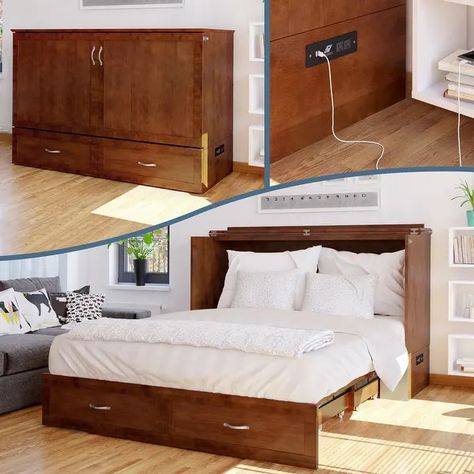 Hamilton Murphy Bed Chest with Storage Drawer and Built-In Charger - On Sale - Bed Bath & Beyond - 26481484 Driftwood Light, Murphy Bed Chest, Fold Out Couch, Bed Chest, Fold Out Beds, Queen Murphy Bed, Folding Mattress, Air Mattresses, Turbo Charger