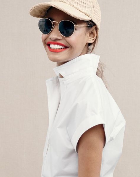 Malaika is all smiles in a baseball cap and sunglasses Malaika Firth, Baseball Cap Outfit, Perfect White Shirt, Cap Outfit, J Crew Style, Popover Shirt, Jcrew Women, 2015 Fashion, Style Guide