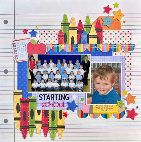 School Days Scrapbook Layouts, Preschool Scrapbook Layouts, School Picture Scrapbook Layout, School Scrapbook Ideas, Preschool Scrapbook, School Layouts, Baby Boy Scrapbook Layouts, Scrapbook School, Memory Book School