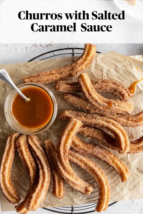 This easy recipe for churros with salted caramel sauce makes a great snack or Mexican inspired dessert for any occasion, including your Cinco de Mayo party! Recipes Churros, Make Churros, Easy Churros, Salted Caramel Sauce Recipe, Mini Churros, Sweet Fries, Homemade Churros, Fried Dessert, Churros Recipe