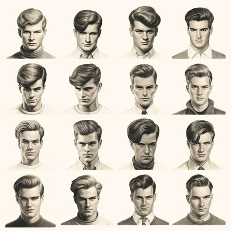 Classic Hairstyles For Men, 1930 Hair, Hairstyle Drawings, 1940 Hairstyles, Vintage Hairstyles For Men, 50s Hairstyles Men, Ivy League Haircut, The Ivy League, Male Model Face