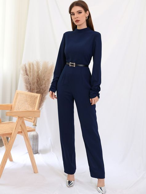 Jumpsuits For Women Graduation, Navy Formal Jumpsuit, Navy Blue Formal Outfits For Women, Jumpsuit For Graduation, Navy Blue Jumpsuit Outfit, Blue Jumpsuits Outfit, Jumpsuit Outfit Winter, Hijab Outfit Summer, Navy Jumpsuit