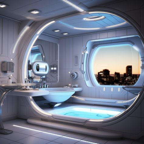 Sci Fi Bathroom, Spaceship Bathroom, Futuristic Bathroom Design, Futuristic House Interior, Futuristic Architecture Interior, Futuristic Houses, Scifi Decor, Futuristic Bathroom, Future Interior Design