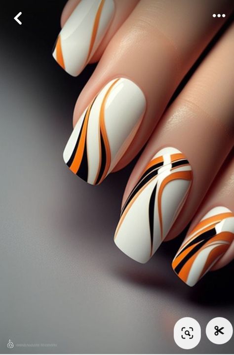 Orange Black And Silver Nails, Orange Black And White Nails, Airbrush Nail Art, Black And White Nail Designs, Black And White Nails, Sns Nails Colors, Fancy Nail Art, Sns Nails, Airbrush Nails