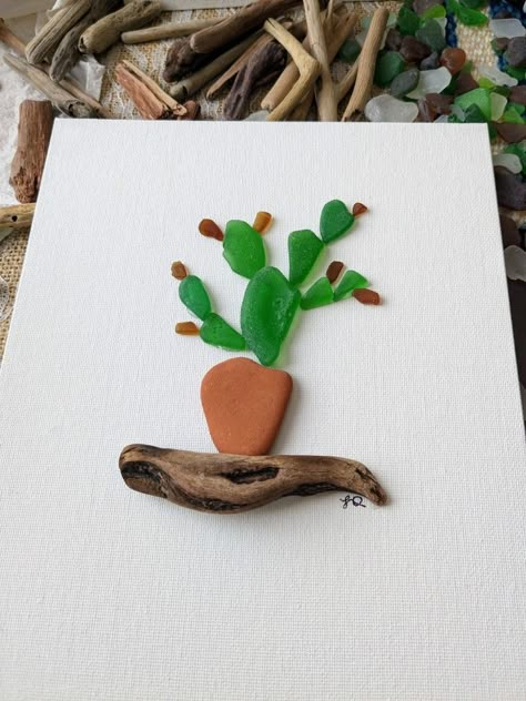 Sea Glass Cactus, Sea Glass Art Flowers, Seaglass Crafts Diy, Seaglass Art On Canvas, Seaglass Succulents, Seaglass Crafts, Sea Glass Artwork, Sea Glass Art Diy, Sea Glass Art Projects