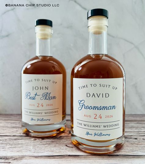 Custom Groomsman whiskey/tequila label Details: -High Quality weatherproof matte label Available Sizes: - 50ml mini shot label (2x2 inch) - 3oz (100ml) label (2x2 inch) - 6oz (200ml) label (3x2.25 inch) - 12oz (375ml) label (3x3 inch) - 750ml label (4x3.5 inch) - Wine 750ml label (3.5x4 inch)  To ensure a smooth application without any bubbles or wrinkles, we suggest measuring your bottle beforehand. Please note that the bottle in this photo is not included Our production time:  1-2 business days Our delivery time: - USPS First Class Mail (4-5 business days), track through Etsy site - USPS Priority Mail (2-3 business days)  - USPS Express Mail (1-2 business days)  Want to see more? Click here: https://www.etsy.com/shop/BananaChipStudio?ref=search_shop_redirect If you have any problems with Best Man Proposal, Groomsman Proposal, Asking Groomsmen, Groomsmen Presents, Groomsmen Boxes, Bridal Party Games, Groomsmen Gift Box, Whiskey Label, Groomsmen Proposal Gifts