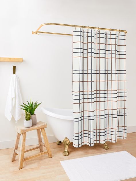 "Navy and Rust Grid on light grey (almost white)" Shower Curtain by BlertaDK | Redbubble Long Guest Bathroom, Bohemian Shower Curtain, Plaid Shower Curtain, Farmhouse Shower Curtain, Cloth Shower Curtain, Long Shower Curtains, Farmhouse Shower, Boho Shower Curtain, Custom Shower Curtains