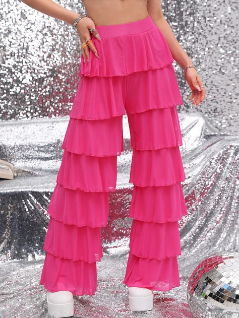 Hot Pink Glamorous   Polyester Plain Wide Leg  Medium Stretch Spring Women Bottoms Hot Pink Ruffle Dress, Bright Pink Clothes, Pink Summer Trousers, Ruffle Pants Outfit, Dress Over Jeans, Pink Ruffle Dress, Pink Bottom, Pink Trousers, Ruffle Pants