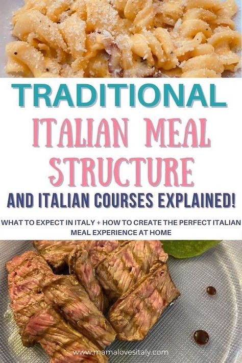 Consufed about traditional Italian meal structure and traditional Italian meal courses? Fear not! Here is all you need to know and how to recreate the real Italian meal experience at home Typical Italian Lunch, Traditional Italian Recipes Dinners, Italian Meals Traditional, Italian Main Course Meat, Italian Course Meal, Italian Courses Dinners, Italian 5 Course Meal, 5 Course Italian Meal Ideas, Traditional Italian Dinner Courses