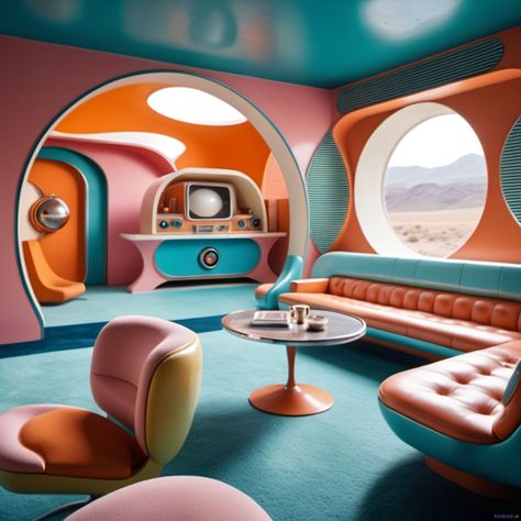 Spaceship Inspired Interior, Rounded Interior Design, Futuristic 60s Interior Design, Retro Futurism Interior Design, Retro Futurism Interior, Futuristic Office Design, 1960s Interior Design, Futuristic Living Room, Retro Futuristic Interior