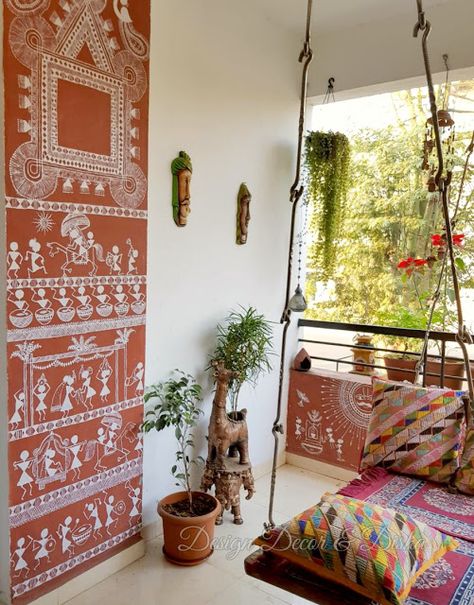 Design Decor & Disha: Indian Balcony Decor, Balcony Decor, Balcony Grden, Garden Accessories, Warli Painting On Wall, Indian Balcony Decor, Indian Balcony, Door Painting, Balcony Garden Ideas, Indian Room, Balkon Design, Ethnic Home Decor, Style Deco, Painting Furniture Diy