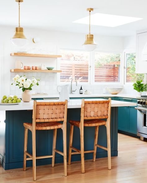 kitchen with blue green cabinets and white walls Teal Cabinets, Open Concept Home, Kitchen Island With Seating, Island With Seating, Transitional Kitchen, Kitchen Color, Kitchen Fittings, Painting Kitchen Cabinets, California Homes