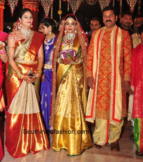 Revanth Reddy Daughter Nymisha Reddy's Wedding - South India Fashion Blog Gold Kanjeevaram Saree, Rumena Begum, Revanth Reddy, Red Bridal Dress, Bridal Sarees South Indian, Indian Bridal Sarees, Wedding Saree Blouse, Wedding Saree Blouse Designs, Maggam Works