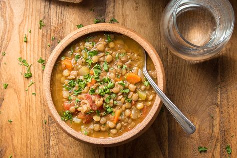 Brown Lentil Soup, Vegan Pasta Primavera, Vegan Meatloaf, Curried Lentil Soup, Lunch Restaurant, Comfort Soup Recipes, French Lentils, Lentil Soup Recipes, Red Lentil Soup