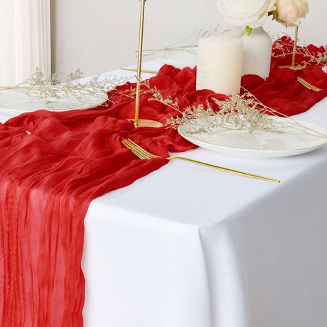 PRICES MAY VARY. 🎀Extra Long Table Runners: Package includes 2 pieces red table runners with wrinkle, 35” width and 120” length, each 10 feet long enough to fit most occasions decorations. 🎀Premium Material: Our cheesecloth table runners are made of natural cotton gauze and the fabric is soft and as light as a butterfly wing. 🎀Stylish Table Decor: Give your table a rustic and gorgeous look with our cheese cloth table runner. Display boho atmosphere by adding flowers, plants, candles to create Rustic Red Wedding, Wedding Cheese, Red Party Decorations, Rustic Bohemian Wedding, Gold Table Setting, Gauze Table Runner, Red Birthday Party, Table Cloth Decorations, Sweet 16 Decorations