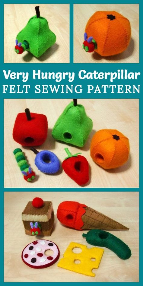 How awesome is this 3D Felt Very Hungry Caterpillar Set sewing pattern by FeltKreations? This is such cute sewing pattern for a gift for baby or toddlers. If you're going to read the book a million times, you may as well sew a set! #sewing #feltfood #veryhungrycaterpillar #sewingtoys #sewingforkids Very Hungry Caterpillar Sewing Pattern, Felt Caterpillar, Hungry Caterpillar Felt, Set Sewing Pattern, Hungry Caterpillar Craft, Felt Sewing, Felt Toys Patterns, Hand Sewing Projects, Paper Patterns