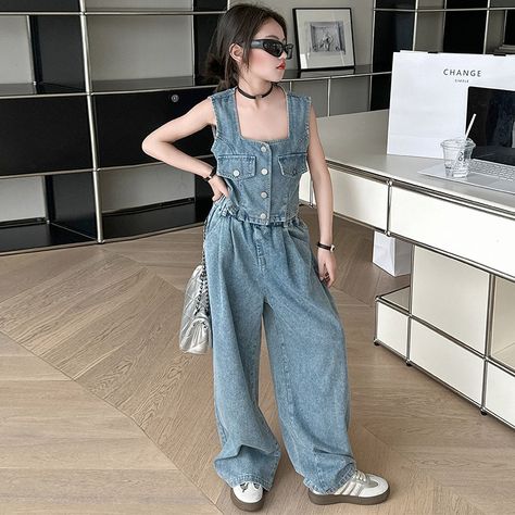 26.35€ 65% OFF|Girls Denim Suit 2024 New Fashion Sleeveless Short Vest Tops High Waist Wide legged Jeans Two piece Kids Blue Boutique Outfits| |   - AliExpress Blue Boutique, Boutique Outfits, Wide Legged Jeans, High Waist Wide Leg Jeans, Denim Suit, Vest Tops, Short Vest, Girls Denim, Vest Top