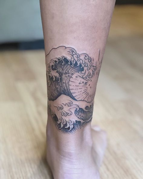 #Tattoos,water tattoo Wave Ankle Tattoo, Wave Tattoo Foot, Japanese Wave Tattoos, Simple Wave Tattoo, Calf Tattoo Men, Wave Tattoo Design, Cuff Tattoo, Shin Tattoo, Wave Tattoo