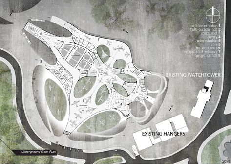 Aviation Museum - Archiprix Turkey 2015 Winning Project on Behance Architecture Thesis Topics, Museum Flooring, Aerospace Museum, Site Analysis Architecture, Museum Plan, Aviation Museum, Abstract Wall Painting, Architecture Magazine, Conceptual Architecture