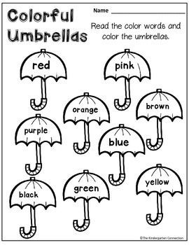 FREE color word umbrellas! Part of an April themed printables pack for… Weather Math Worksheets Preschool, Kertas Kerja Prasekolah, Preschool Weather, Listening Center, Kindergarten Colors, Weather Theme, Weather Unit, Preschool Colors, Color Worksheets