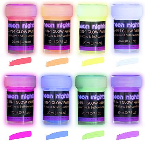 Amazon.com: Neon Nights Glow-in-the-Dark Paint - Multi-Surface Acrylic Paints for Outdoor and Indoor Use on Canvas & Walls - Gifts for Artists - 2-in-1 UV/Blacklight Activated and Self-Luminous - 8 Pack, 20 mL : Beauty & Personal Care Glow In The Dark Paint, Stocking Stuffers For Boys, Luminous Paint, Glow Paint, Gel Paint, Dark Paint, Neon Painting, Neon Nights, Glowing Makeup