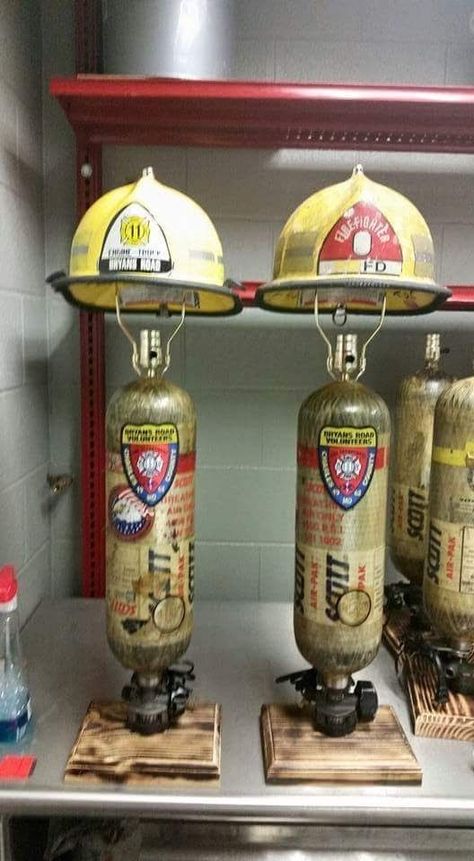 Fire Station Decor, Air Tank Ideas, Old Fire Extinguisher Ideas, Fire Department Decor, Firefighters Daughter, Challenge Coin Display, Firefighter Decor, Fire Life, Coin Display