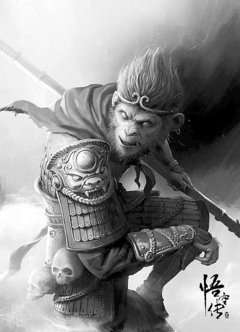 Onimusha Tattoo, Sun Wukong Tattoo Design, Wukong Tattoo Design, Wukong Drawing, Sun Wukong Tattoo, Wukong Tattoo, Monkey King Tattoo, Batman Art Drawing, Samurai Drawing