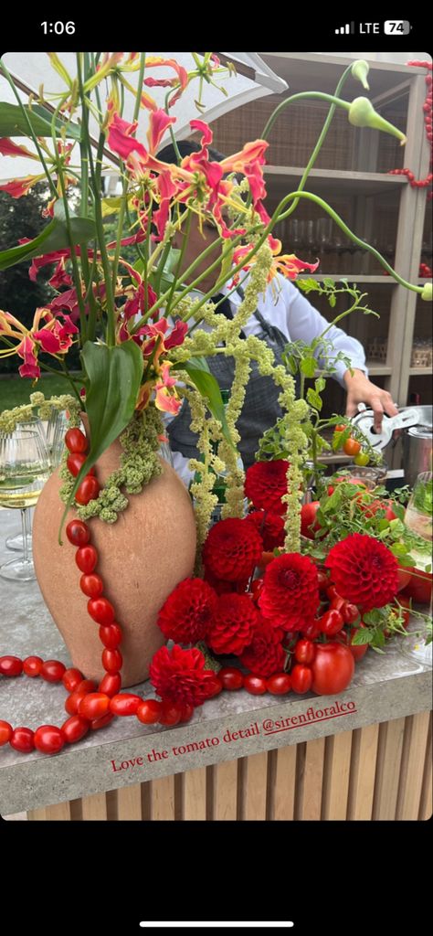 Italian Themed Flower Arrangements, Tomato Arrangement, Italian Inspired Floral Arrangements, Floral Arrangement With Vegetables, Red And Green Floral Arrangements, Watermelon Wedding, Red Floral Installation, Lime Wedding, Funky Wedding