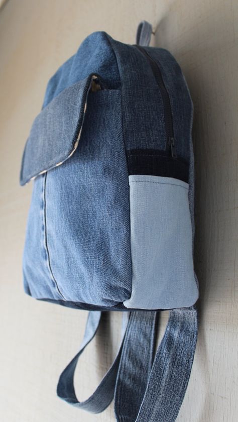 Denim and Canvas Backpack with Large Front Velcro Pocket, Two Side Pockets, Two Interior Pockets and Zipper Top by AllintheJeans on Etsy Diy Jean Bag, Recycled Jeans Bag, Handmade Backpack, Upcycled Jeans, Denim Backpack, Upcycled Bag, Handmade Backpacks, Diy Bag Designs, Denim Ideas