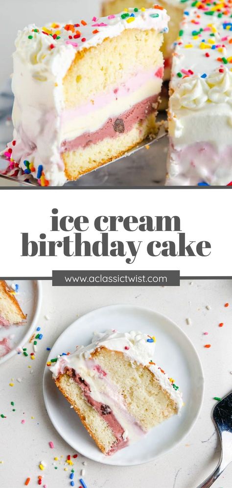 A classic birthday ice cream cake with three layers of ice cream sandwiched between fluffy vanilla cake - perfect for parties! Half Baked Harvest Ice Cream Cake, Vanilla Ice Cream Cake Recipe, How To Make An Ice Cream Cake, Ice Cream Cake Vanilla, Ice Cream Sheet Cake, Ice Cream Cakes Homemade, Ice Cream Cake Birthday, Healthy Ice Cream Cake, Nice Desserts