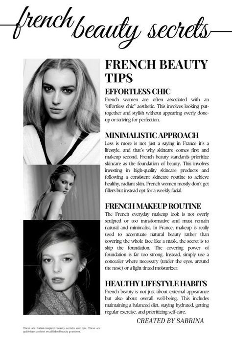 Supermodel Beauty Tips, Model Habits, French Woman Aesthetic, French Motivation, Beauty Tips Natural, French Girl Makeup, Model Beauty Secrets, French Makeup, French Beauty Secrets