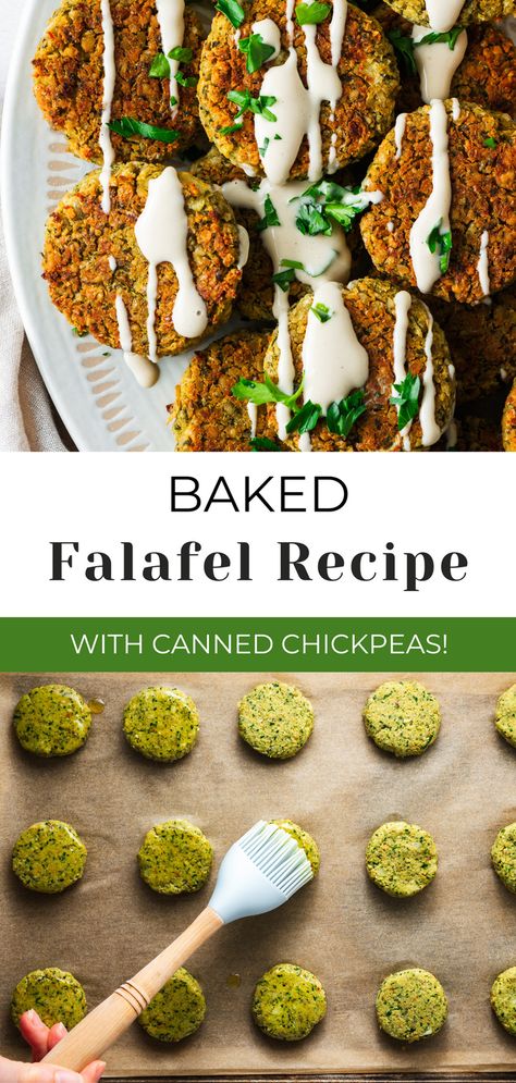 Craving a delicious and healthy Middle Eastern dish? You need to try this easy baked falafel recipe using canned chickpeas! These crispy and flavourful falafels are made with simple ingredients like canned chickpeas, fresh herbs, and spices, and they're baked instead of fried for a healthier twist. Perfect for a vegan wrap, pita sandwich, or salad topping, these oven-baked falafels are a great source of protein and can be made in 30 minutes. Try quick and easy baked falafels today! Falafel Recipe Oven Baked, Easy Vegan Falafel Recipe, Easy Baked Falafel, Airfry Falafel Recipe, Simple Falafel Recipe, Easy Falafel Recipe Baked, Flaffel Recipe, Baked Falafel Recipe Canned Chickpeas, Falafel Recipe Vegan