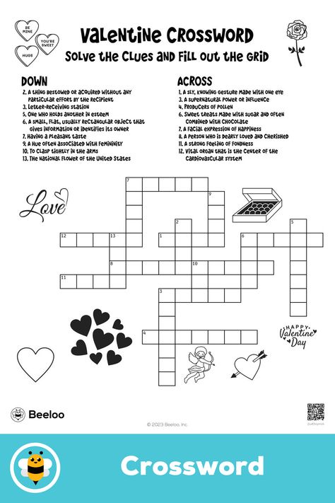 Advanced valentine-themed crossword puzzle for kids ages 10 and up Sweet Hug, Crafts And Activities For Kids, Puzzle For Kids, Free Printable Activities, Valentines Day Activities, Printable Crafts, Crossword Puzzle, Facial Expressions, Printable Activities