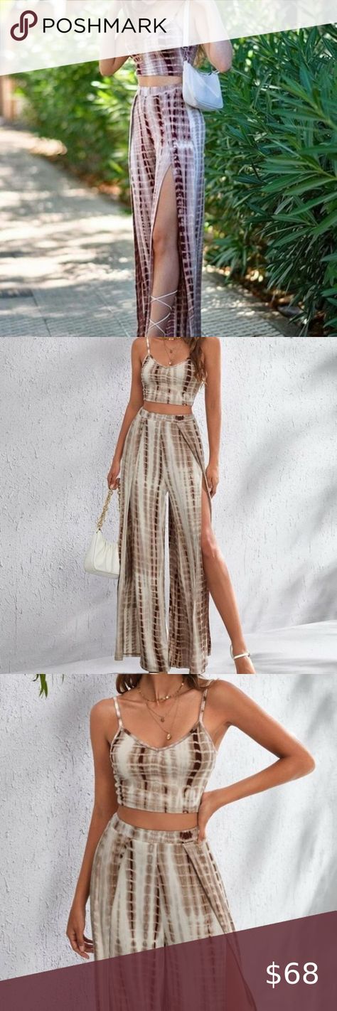 Crop Cami Top & Wrap Split Thigh Palazzo Pants coord Set Tie Dye Beach Coord Set, Pants Coord Set, Vegas Aesthetic, Western Preppy, Preppy Prom, Crop Cami Top, Classic Lingerie, Business Formal Dress, Coord Set